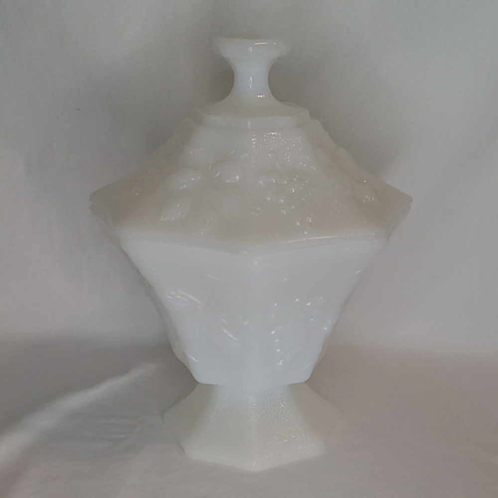 Vintage Anchor Hocking Grapevine White Milk Glass Lidded Footed Candy Dish